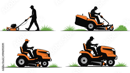 Four silhouettes showing different ways of mowing the lawn using various manual and riding lawn mower equipment.