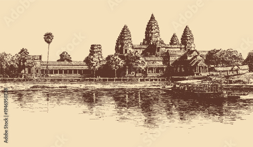 Angkor Wat, Cambodia illustration in a vintage style. This vector illustration can be used in any size you like for advertising, logos, and other work.
