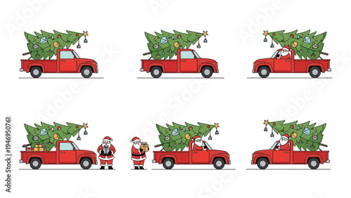 Set of illustrations showing Santa Claus driving a red vintage pickup truck loaded with a decorated green Christmas tree for holiday delivery.