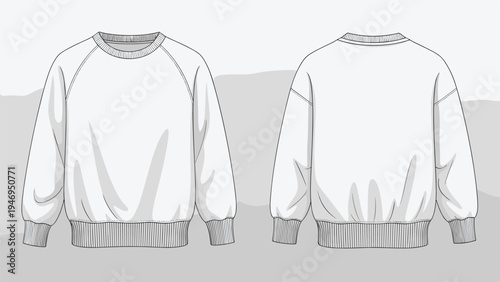 Technical fashion illustration of a plain white sweatshirt shown from both the front and back views for clothing design and manufacturing.