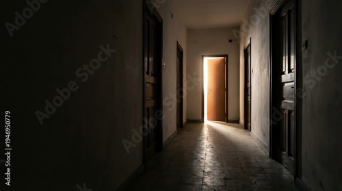 Dark hallway with many closed doors and one slightly open door with bright light, symbolizing choice, opportunity, and new possibilities.