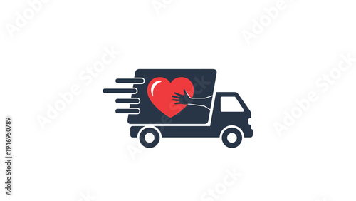 Symbolic logo design of a delivery truck with a red heart on the side being embraced by a hand for charity or love-based shipping.