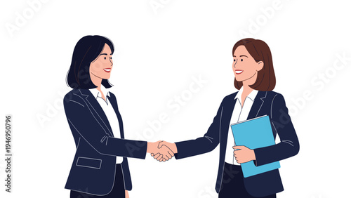 Two professional businesswomen in dark suits shaking hands after a successful meeting or deal isolated on a plain white background.