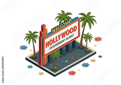 Welcome To Hollywood Entertainment District Isometric Illustration With Palm Trees And Stars