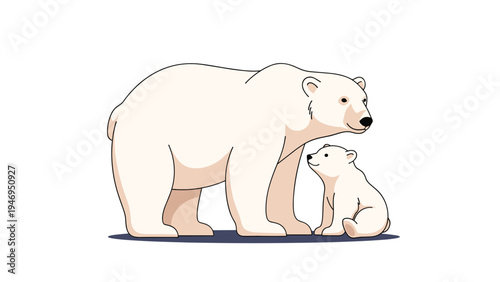 Adult polar bear standing protectively next to its small cub on an arctic landscape against a clean white background for wildlife themes.