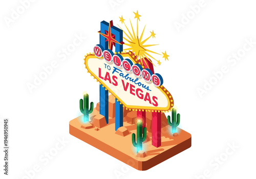 Iconic Welcome to Fabulous Las Vegas sign with desert landscape and cacti, celebrating travel and entertainment