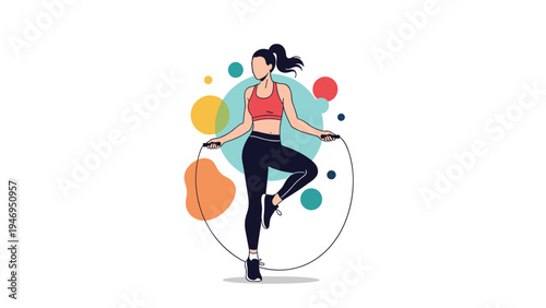 Active young woman in fitness wear jumping rope against a background of colorful abstract shapes and circles for workout motivation.