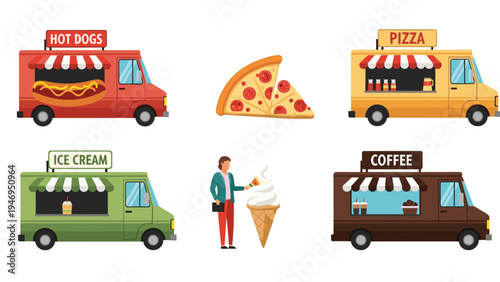 Collection of various colorful food trucks including hot dogs, pizza, ice cream, and coffee with specific food icons for street markets.
