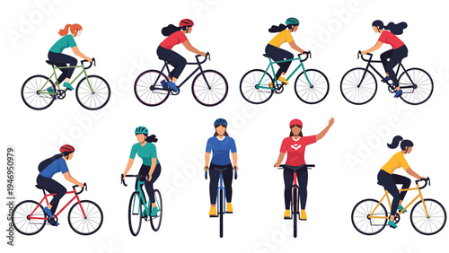 Large set of diverse people wearing helmets and riding different styles of bicycles including road bikes and mountain bikes for leisure.