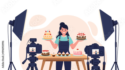 Female baker or food blogger showing off her decorated cakes and cupcakes to cameras in a professional studio setup for social media.