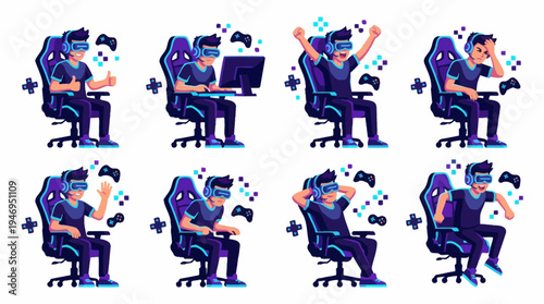 Gamer Expressions Set: VR Gaming, Emotions, Pixel Art