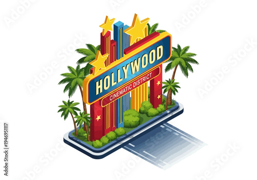 Iconic Hollywood sign with palm trees and stars, representing the cinematic district and entertainment industry, a symbol of movie magic and fame