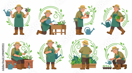 Gardener Senior Woman Watering Plants, Caring for Garden