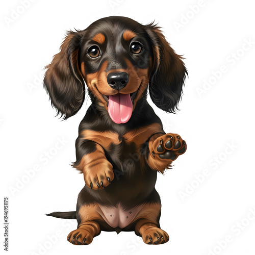 Cute brown and black dachshund puppy sitting with tongue out isolated on transparent background