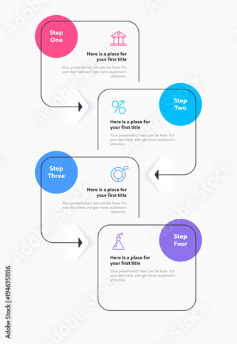 Vertical process infographic template with four options. SImple flat chart design with thin lines and icons for website or data presentation.