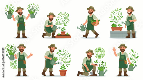 Gardener with Plants and Watering Can - Vector Illustration Set