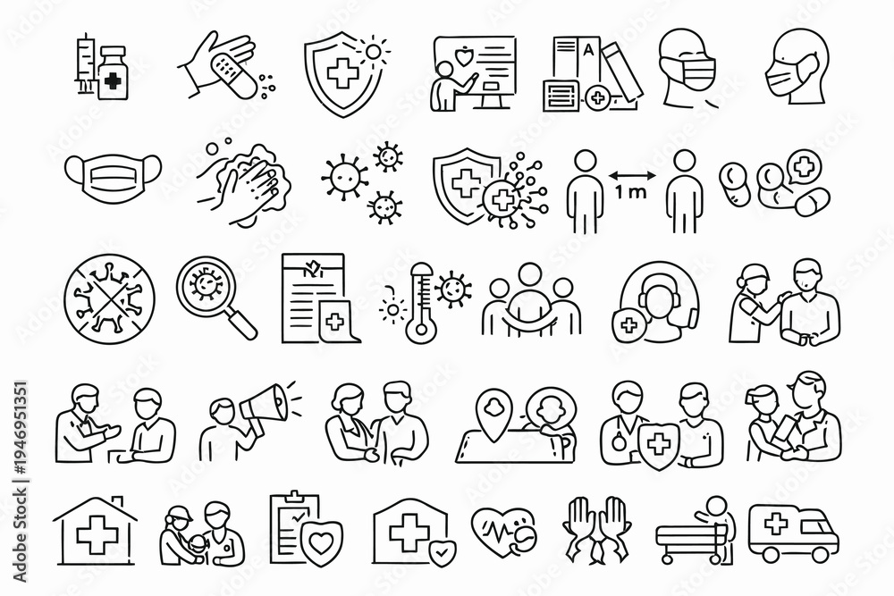 Fototapeta premium Comprehensive icons representing healthcare, medical services, and public health initiatives