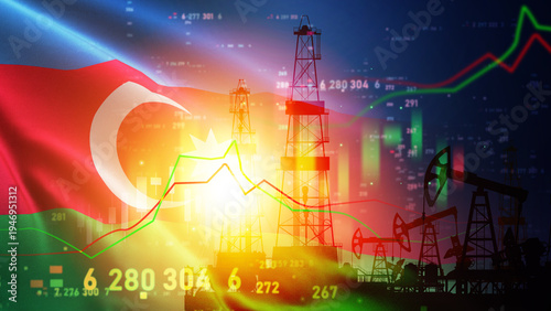 Foto A high-tech conceptual illustration featuring silhouettes of oil derricks and pu