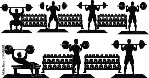 Barbell strength training workout silhouettes set including bench press, squat and shoulder press exercises in professional gym environment