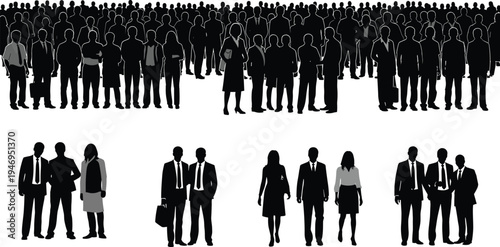 Business people crowd silhouettes set with professional team groups standing and walking isolated vector illustration for corporate workforce concept