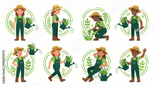 Kids Gardening Illustrations: Diverse Children Watering Plants