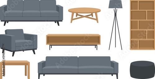 Modern living room furniture set with sofa armchair coffee table TV console bookcase ottoman in slate gray oak charcoal for interior home design