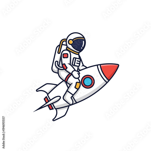 Cartoon astronaut in a white spacesuit riding a white rocket with red and blue accents, flying through space.