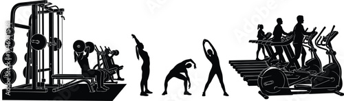 Gym workout silhouette collection with weight training equipment, stretching exercises, cardio machines, fitness training activity illustration