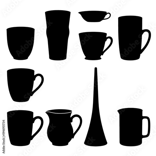 Varied black silhouettes of mugs and a vase arranged in a grid pattern