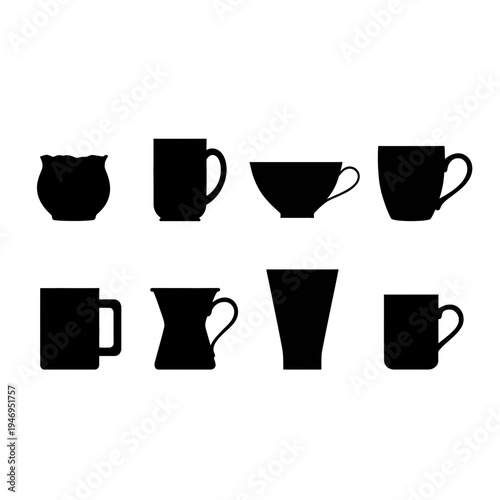 Eight distinct black silhouettes of various drinking vessels and mugs