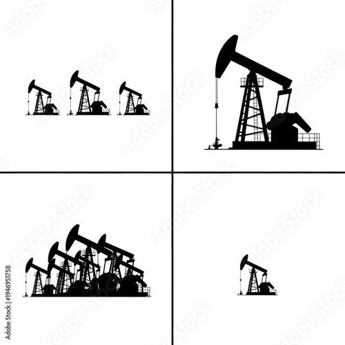 Black and white silhouettes of oil pumpjacks in various formations