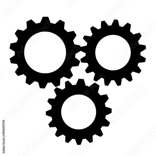 Three interlocking black gear wheels in a triangular formation