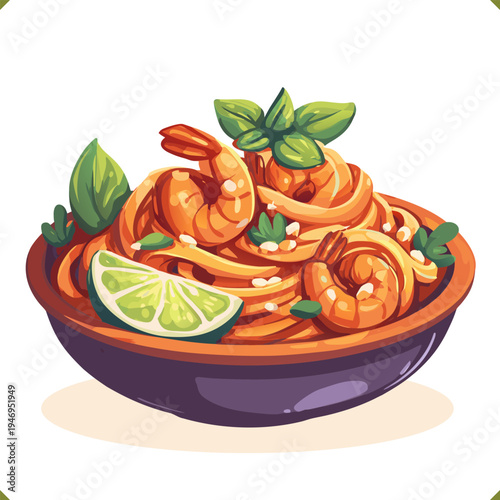 Vector illustration of traditional Thai pad thai noodles with shrimp, lime slices, and green leaves in a bowl, isolated on a white background