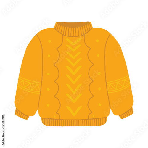 Mustard yellow knitted sweater vector illustration with knit patterns. Hand drawn style warm autumn sweater icon for seasonal design