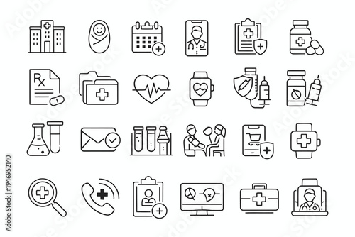 Comprehensive icons representing various aspects of healthcare and medical services
