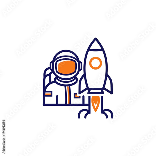 A line art illustration of an astronaut in a spacesuit standing next to a rocket launching into space, symbolizing exploration and innovation.