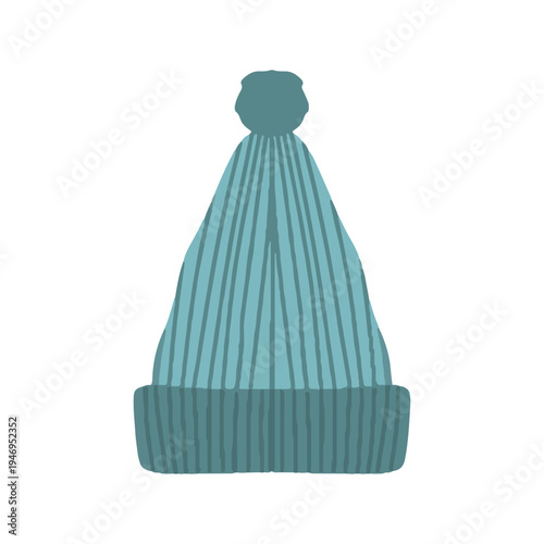 Teal knitted winter beanie with pom pom vector illustration. Hand drawn style knitted toque for winter and autumn design