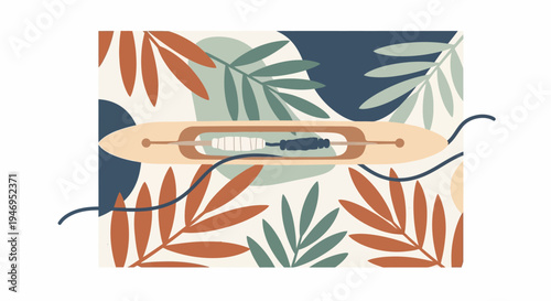 Colorful Surfboard With Tropical Leaves Design.