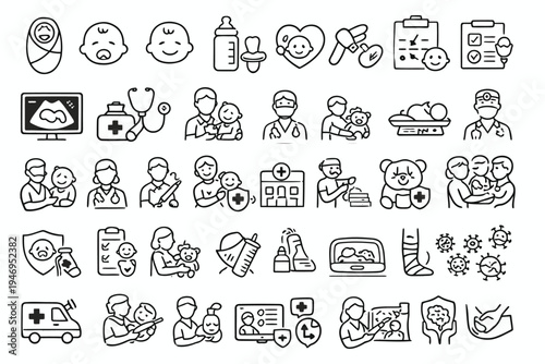 Comprehensive illustration of pediatric healthcare and child development icons