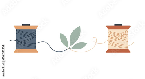 Two spools of colored sewing threads.