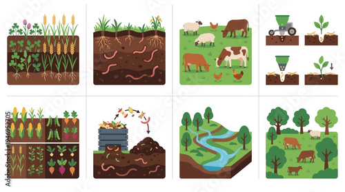 Agricultural Ecosystem Illustration: Soil, Farming, and Livestock