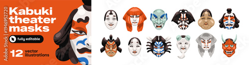 Kabuki theater masks set. Festive masques of Japanese gods and demons. Ornamented male and female faces: hannya, okame, onnamen. Asian art. Flat isolated vector illustrations on white background