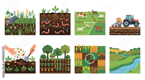 Agriculture and Farming Concepts: Soil, Crops, Livestock, and Nature
