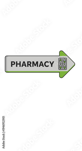 Pharmacy Direction Sign Displaying Pills Suggesting Availability and Medical Services Guidance