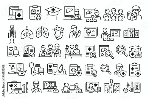 Illustrations depicting various aspects of medical education and healthcare professions