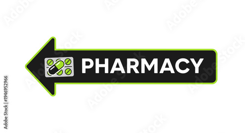 Pharmacy Direction Sign With Pills Symbol For Medical Healthcare And Prescription Needs