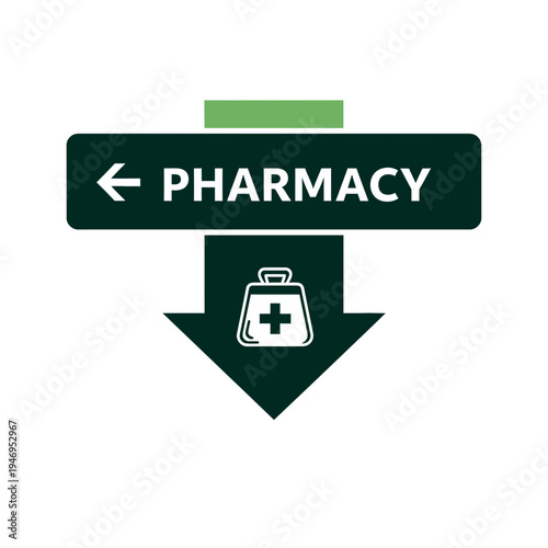 Pharmacy Directional Sign Indicating Location with Arrow and Medical Symbol Icon for Navigation