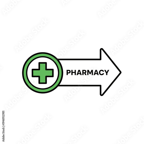 Pharmacy Directional Sign Indicating Location with Green Cross Icon on White Background