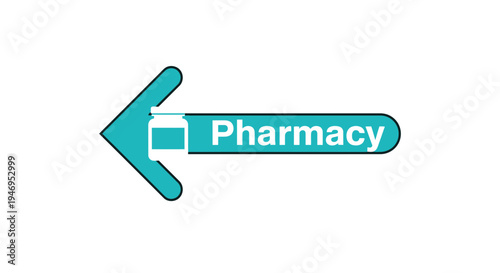 Pharmacy Directional Sign Indicating Location with Pill Bottle Icon and Modern Design