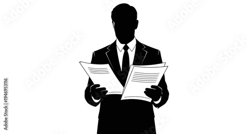 Silhouette of a businessman in a suit holding documents, reading papers, black and white